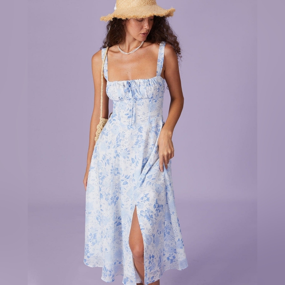 Rihoas Light Blue Floral Midi Dress with Front Slit